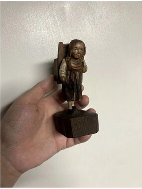 Old Hand-Carved Brown Wooden Girl Figurine